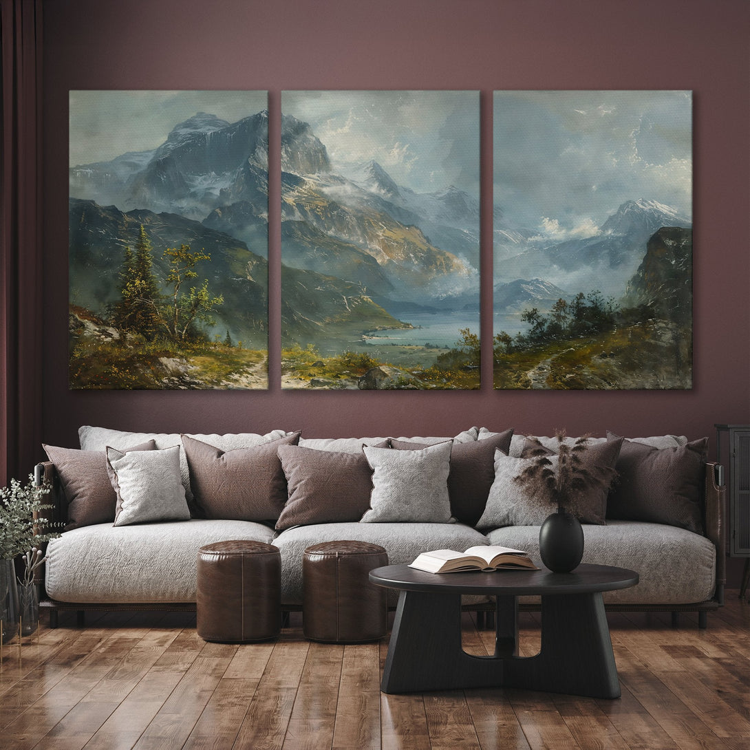Canvas Print of a mountain landscape painting in a muted, cool color palette. Perfect wall art for a cozy living room.