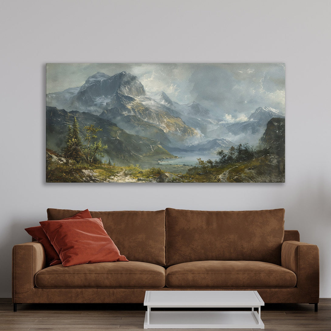 Framed Wall Art: Majestic mountain landscape in cool blues and greens. Elevate your space with this stunning Canvas Print, perfect for a modern, calming aesthetic.