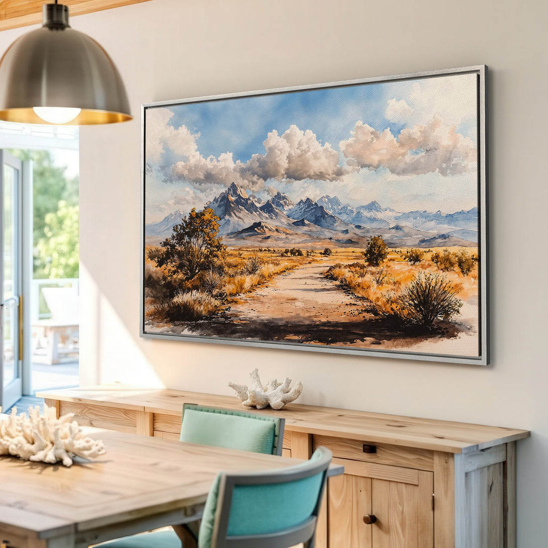 Framed Wall Art: Watercolor landscape Canvas Print with mountains, road, and sky. Warm earth tones and cool blues create a serene atmosphere.