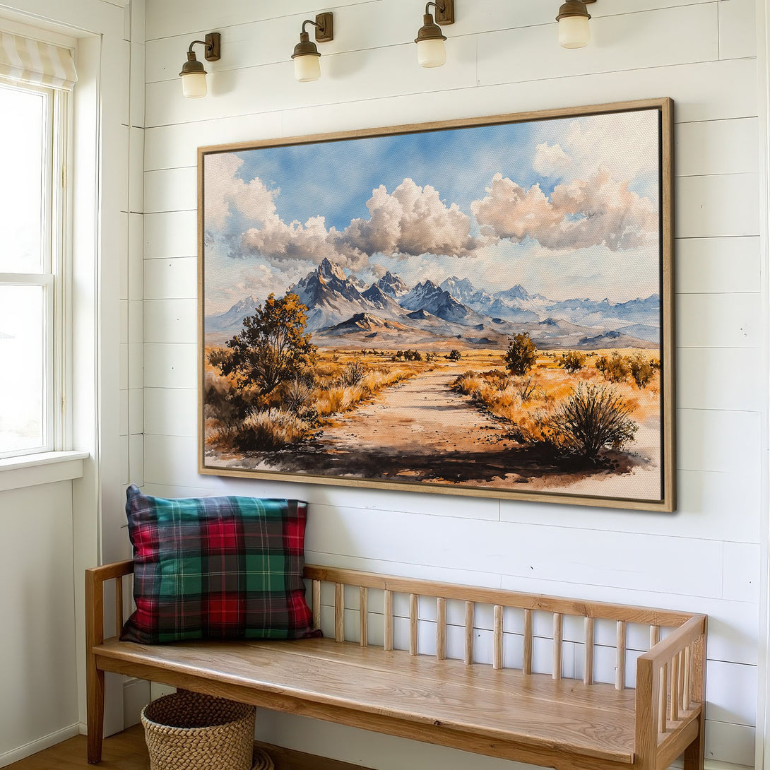 Framed Wall Art: Watercolor landscape of mountains and clouds in a warm, earthy color palette, perfect for adding rustic charm to your home decor.