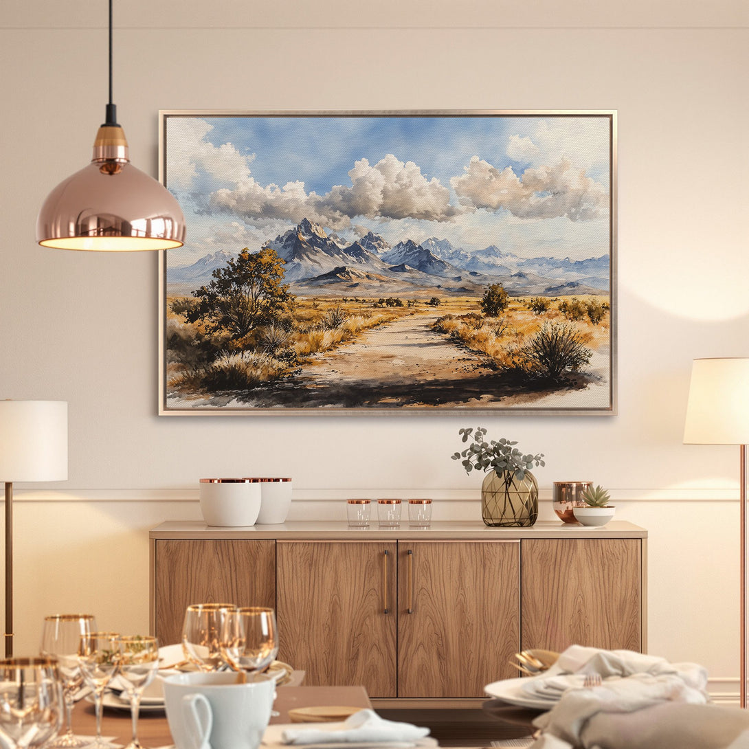 Framed Wall Art: Watercolor landscape of mountains and desert. Earthy tones and blue sky create a serene, stylish Canvas Print for your home.