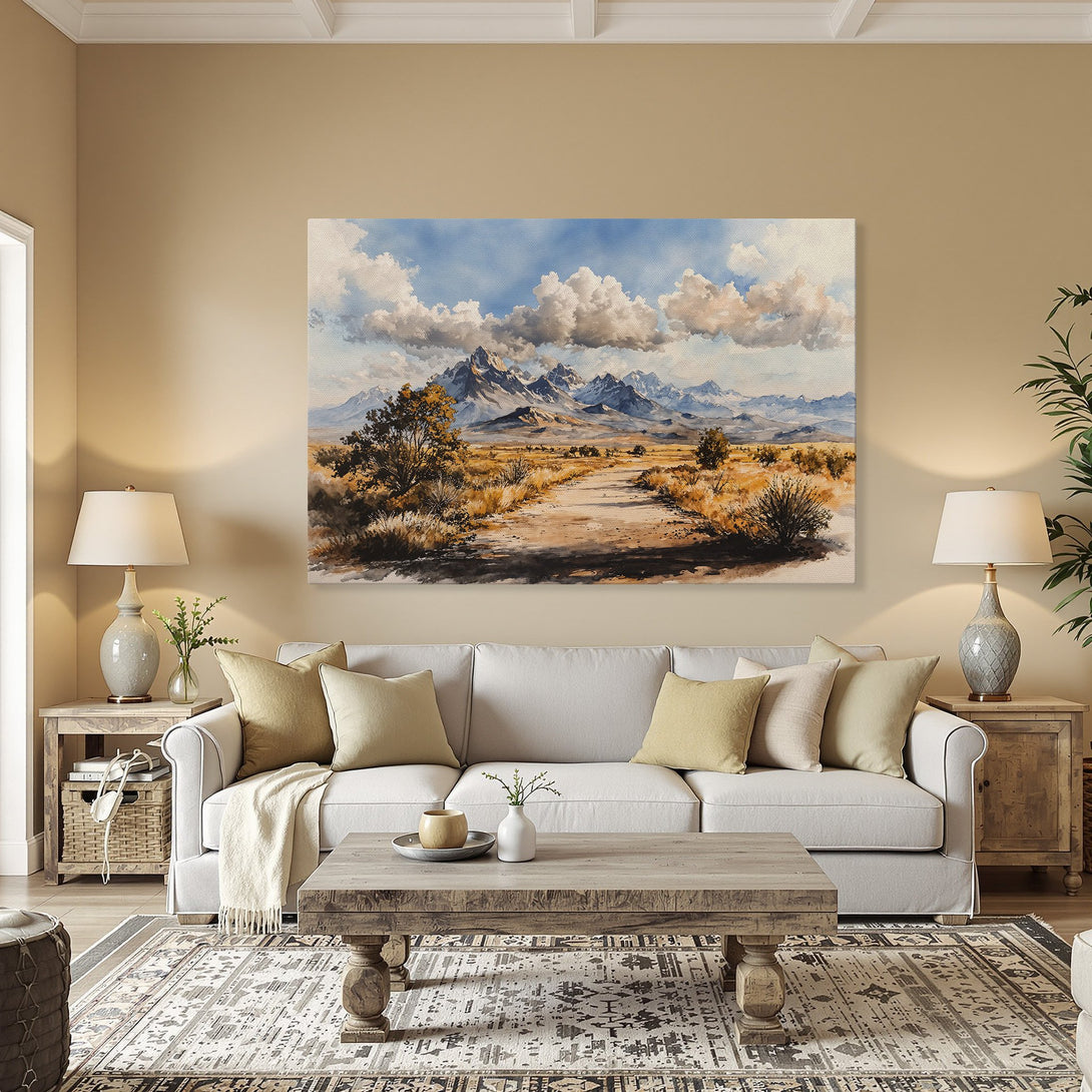 Framed Wall Art: Landscape Canvas Print with watercolor style, featuring mountains, sky, and warm earth tones. Perfect for any home decor!