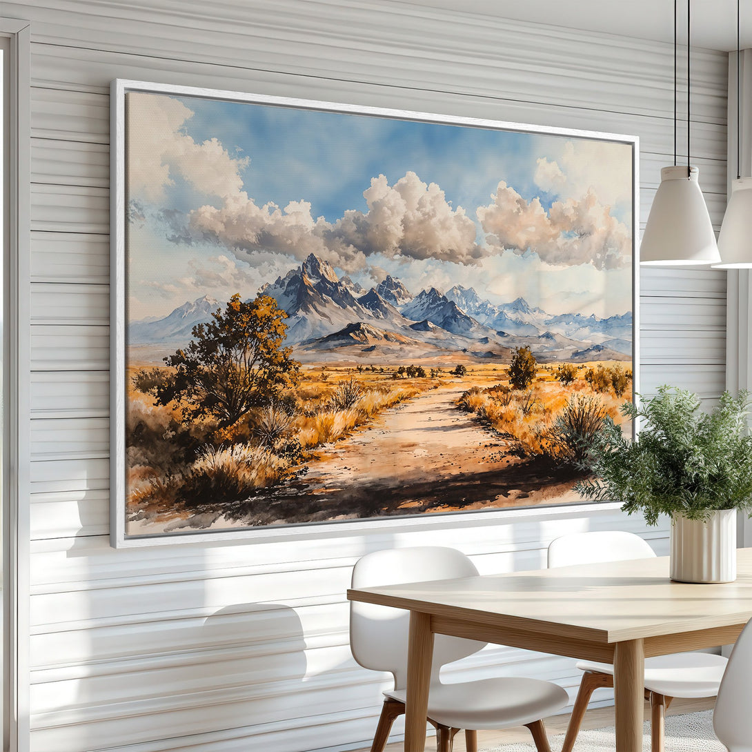 Framed Wall Art: Watercolor landscape Canvas Print with mountains, road, and sky in warm, earthy tones. Perfect for living room or dining room decor.