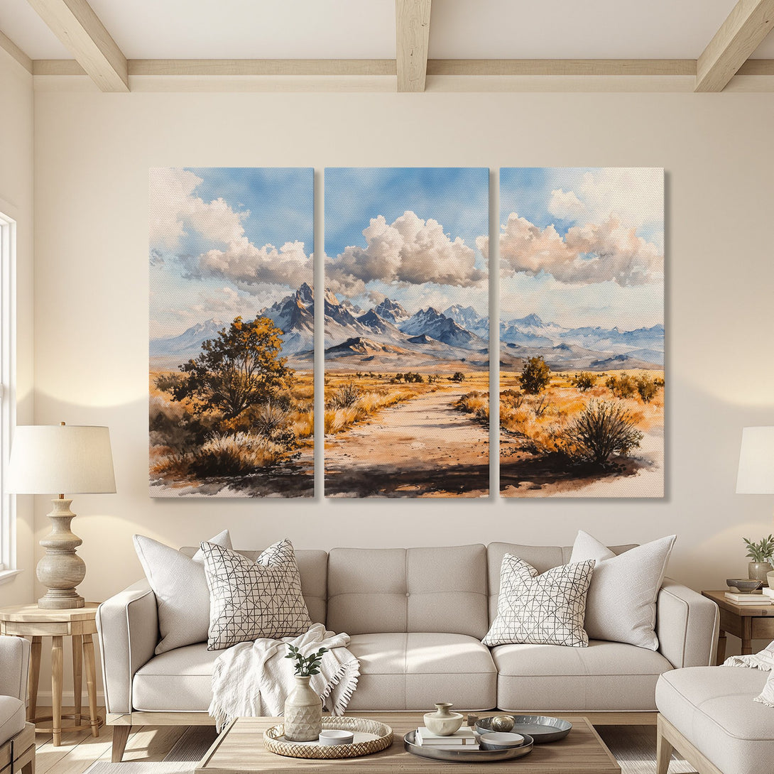 Canvas Print of a watercolor landscape with mountains, sky, and desert. Warm, earthy tones and blue sky. Perfect wall art for any room.