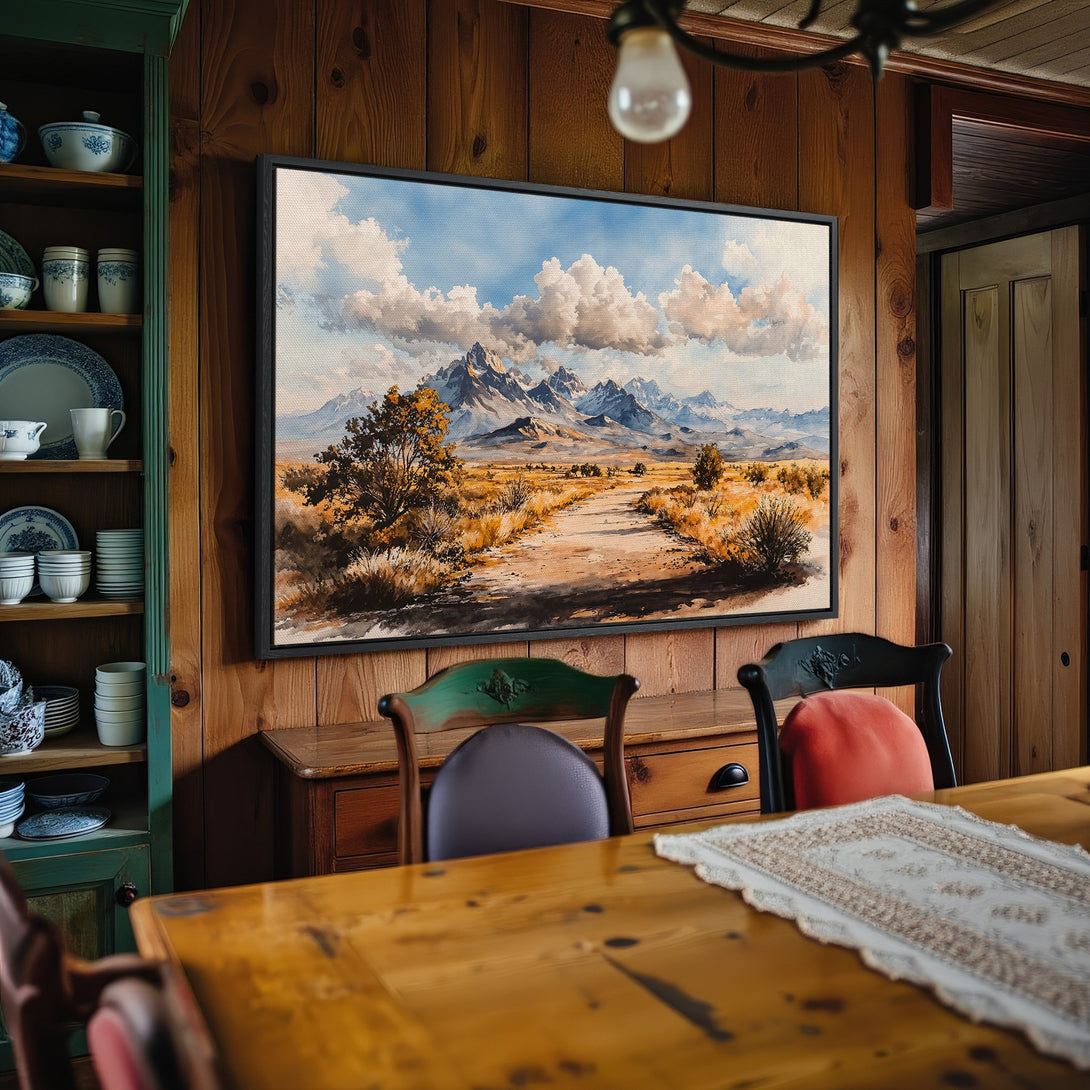Framed Wall Art: Watercolor landscape Canvas Print with mountains, road, and warm color palette. Perfect for rustic home decor.