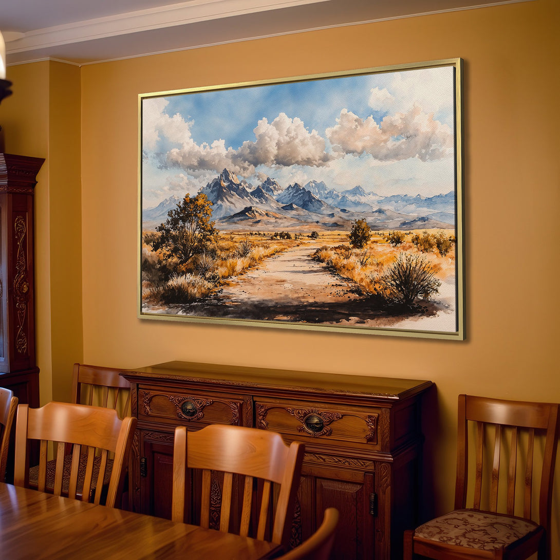Canvas Print of a mountain landscape in watercolor style. Earthy tones with blue and white accents. Perfect wall art for living room decor.