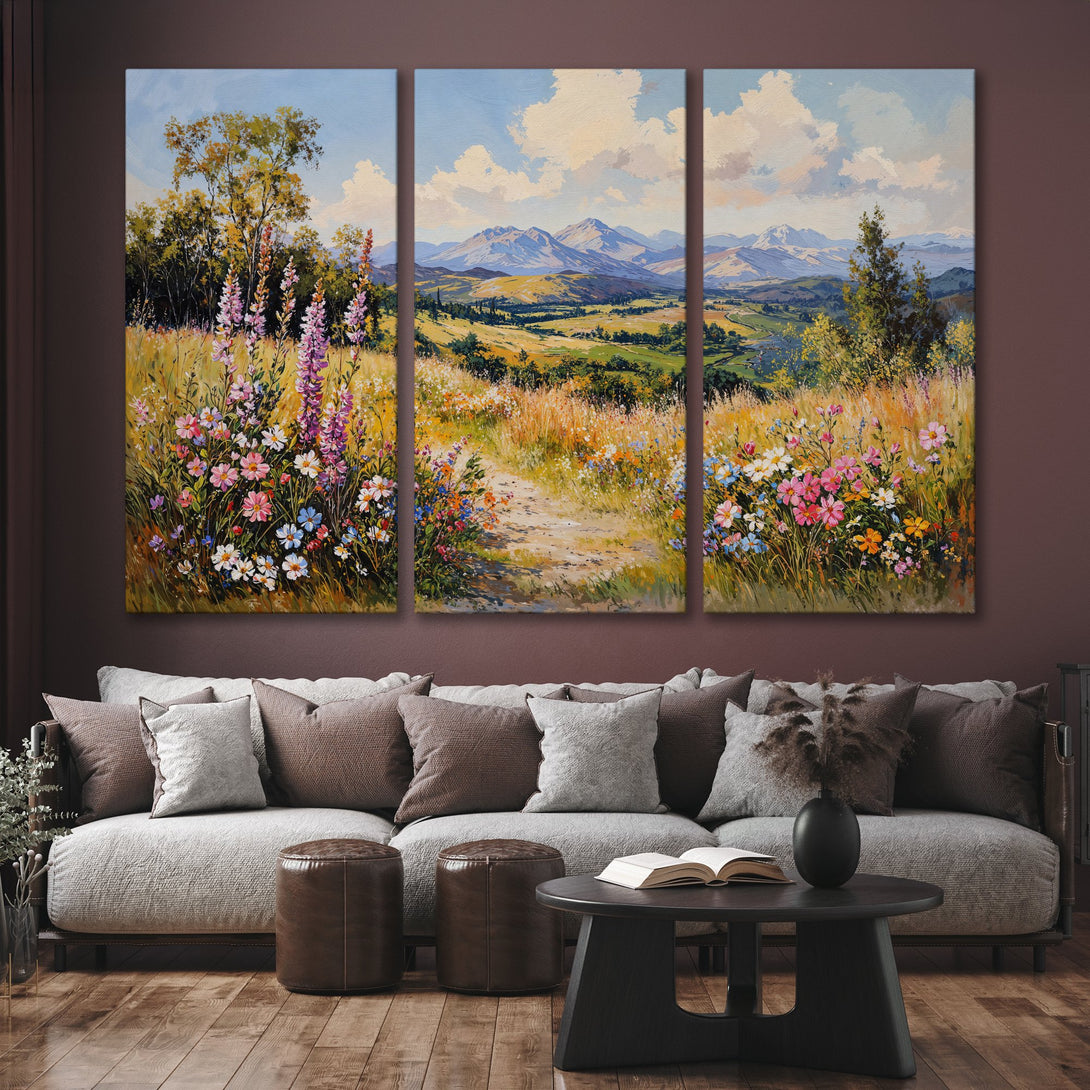 Canvas Print of a vibrant landscape painting with mountains and wildflowers. Warm, earthy tones and impressionistic style. Perfect for home decor.
