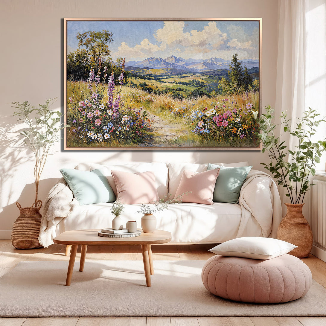 Framed Wall Art: Landscape painting with wildflowers, mountains, and a path in a warm, inviting color palette. Perfect for adding a touch of nature to your home.