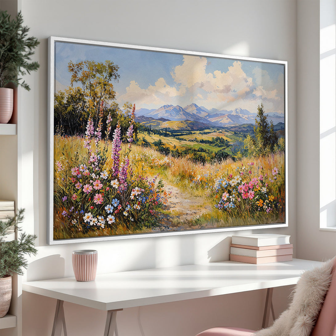 Framed Wall Art: Landscape painting with wildflowers and mountains, in a warm, inviting color palette. Perfect for adding a touch of nature to your home.