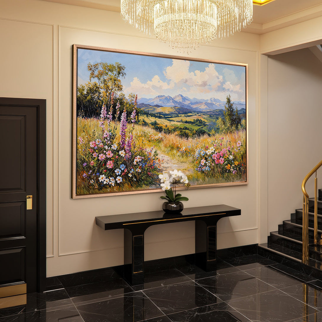 Framed Wall Art: Landscape Canvas Print with vibrant wildflowers & mountains. Colorful painting in a luxury interior, perfect home decor.