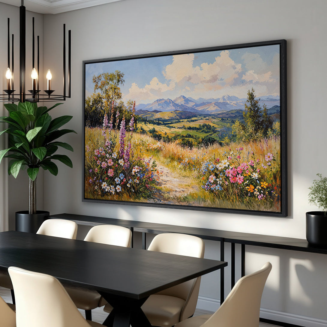 Framed Wall Art: Landscape Canvas Print with vibrant wildflowers and mountains. Warm, inviting color palette perfect for home decor.