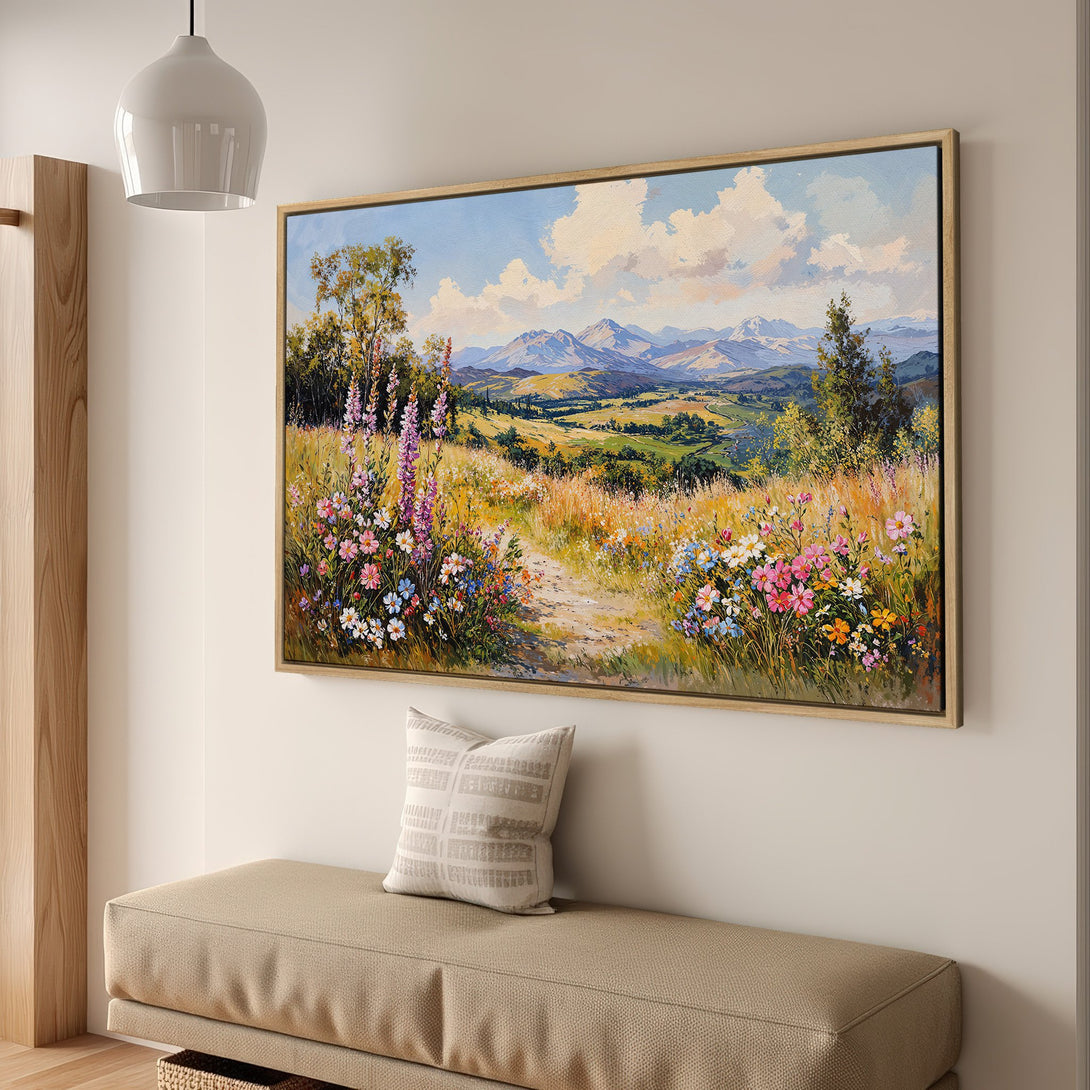 Framed Wall Art: Stunning landscape Canvas Print with vibrant wildflowers, mountains, and a warm, inviting color palette. Perfect for adding beauty to any space!