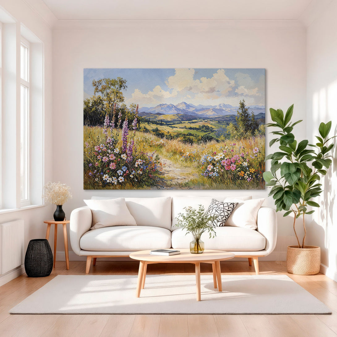 Framed Wall Art: Landscape painting with wildflowers, mountains, and a path. Warm, vibrant colors in a classic style. Perfect for living room decor.