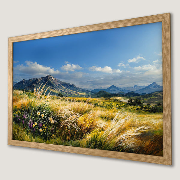 Framed Poster of a vibrant landscape painting with mountains, fields, and a blue sky. Warm color palette.