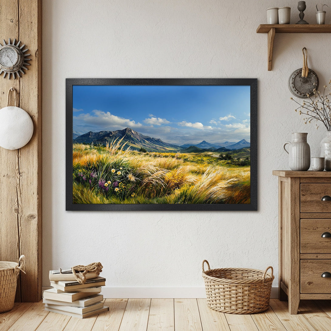 Framed Poster of a mountain landscape painting in a warm, natural color palette, perfect for home decor.