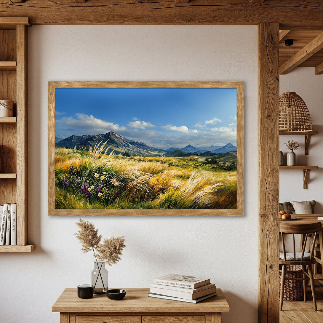 Framed Poster of a vibrant landscape painting. Featuring mountains, fields, and blue sky. Warm, natural tones. Perfect wall art!