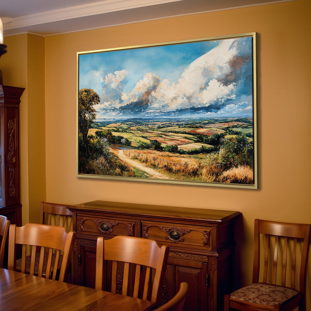 Canvas Print of a landscape painting with vibrant blue skies and rolling green hills, perfect for adding a touch of nature's beauty to your home.