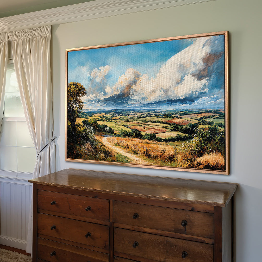 Framed Wall Art: Landscape Canvas Print with vibrant blue sky, golden fields, and lush green hills. Perfect for adding a touch of nature to your home decor.