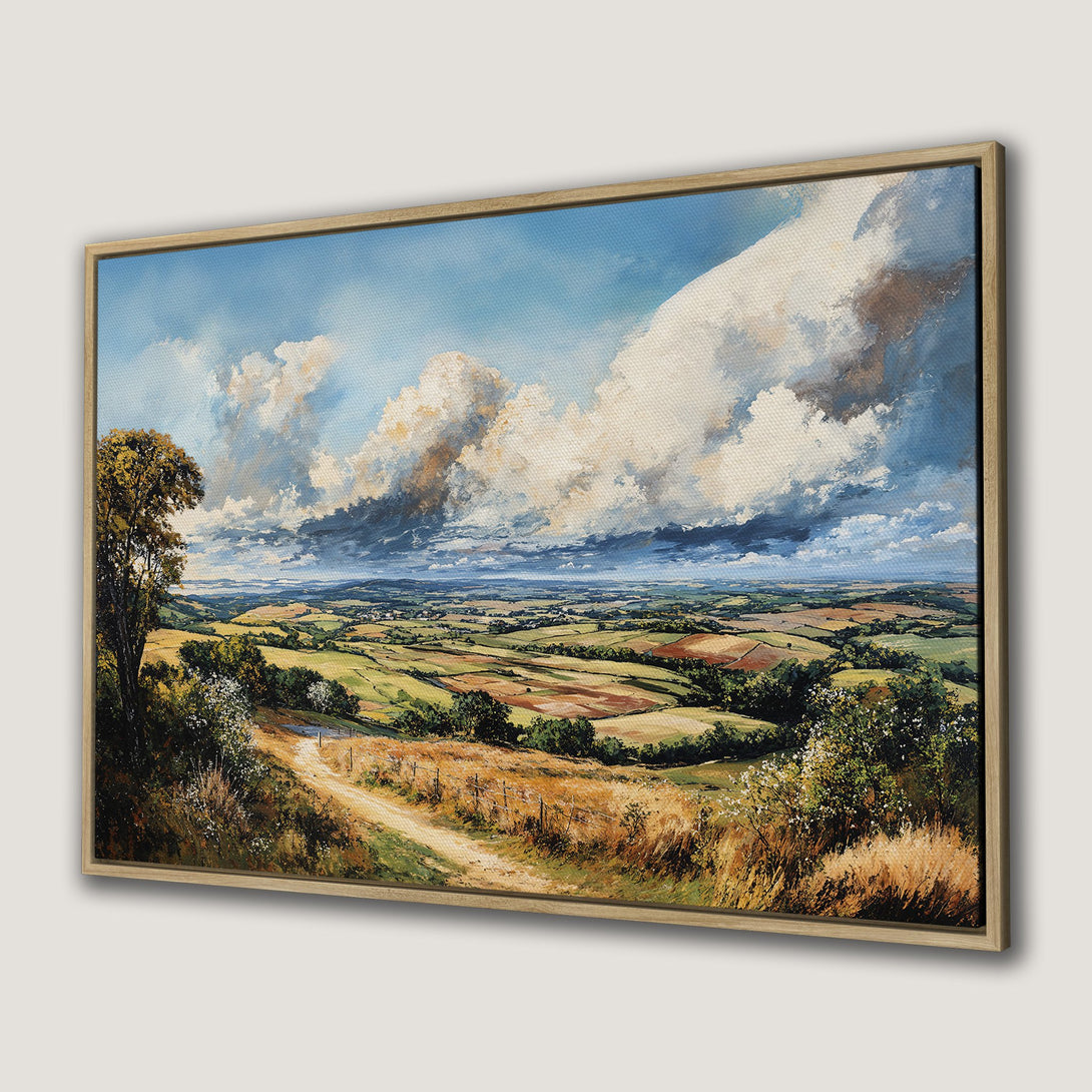Framed Wall Art of a serene landscape painting with a warm color palette, perfect for adding a touch of nature to your home.