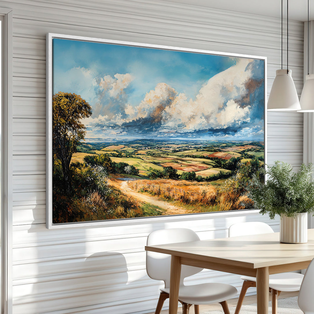 Framed Wall Art: Landscape painting with vibrant blues, greens, and golds. Rustic countryside scene adds warmth and style to any room. Elevate your decor today!