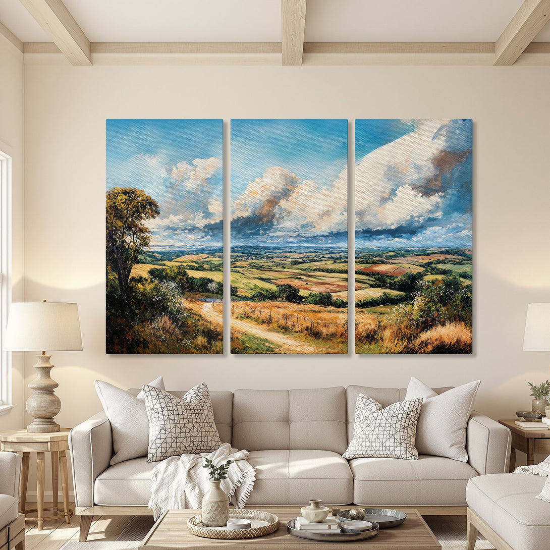 Canvas Print of a landscape painting with a vibrant blue sky and rolling green hills. Adds a touch of nature and warmth to any space.