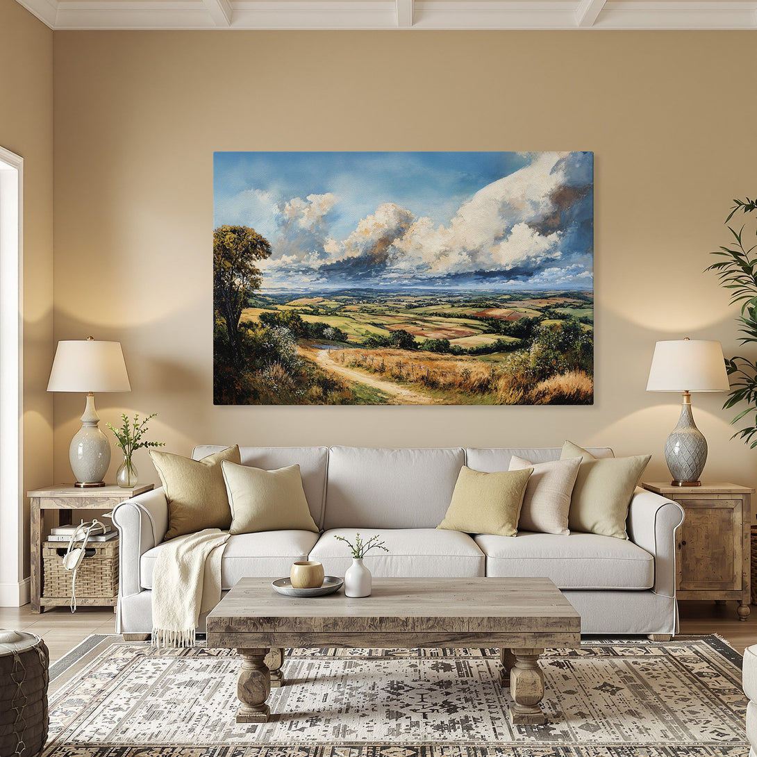 Framed Wall Art: Landscape painting with vibrant blues, greens, and golds. Adds a touch of nature to any interior. Perfect for home decor.