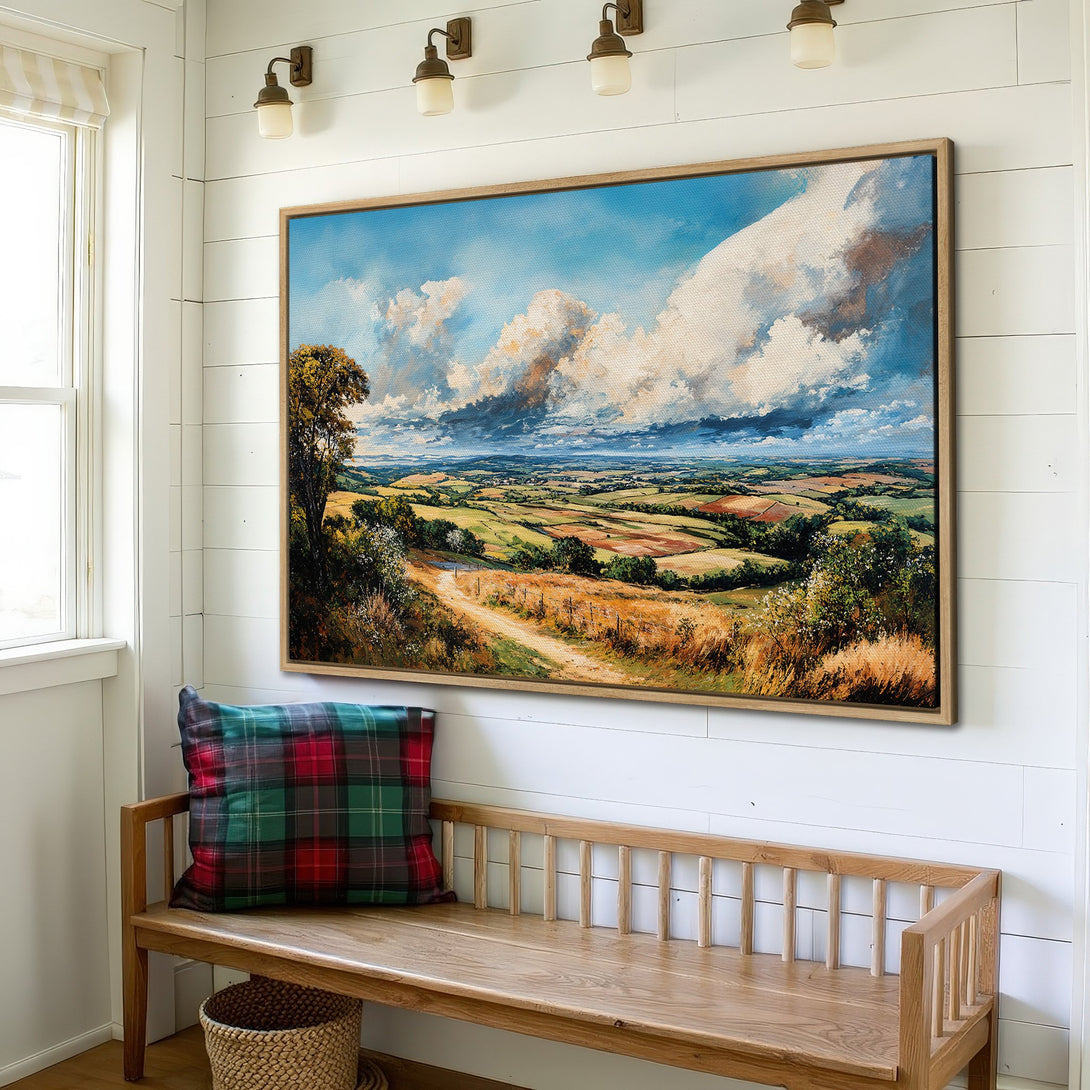 Framed Wall Art: Landscape Canvas Print in rustic style. Features rolling hills, blue sky, and warm earth tones. Perfect for farmhouse decor.