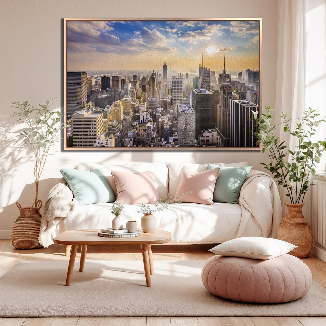 Framed Wall Art featuring a stunning New York City skyline. Warm, inviting color palette with gold frame, perfect for modern home decor.