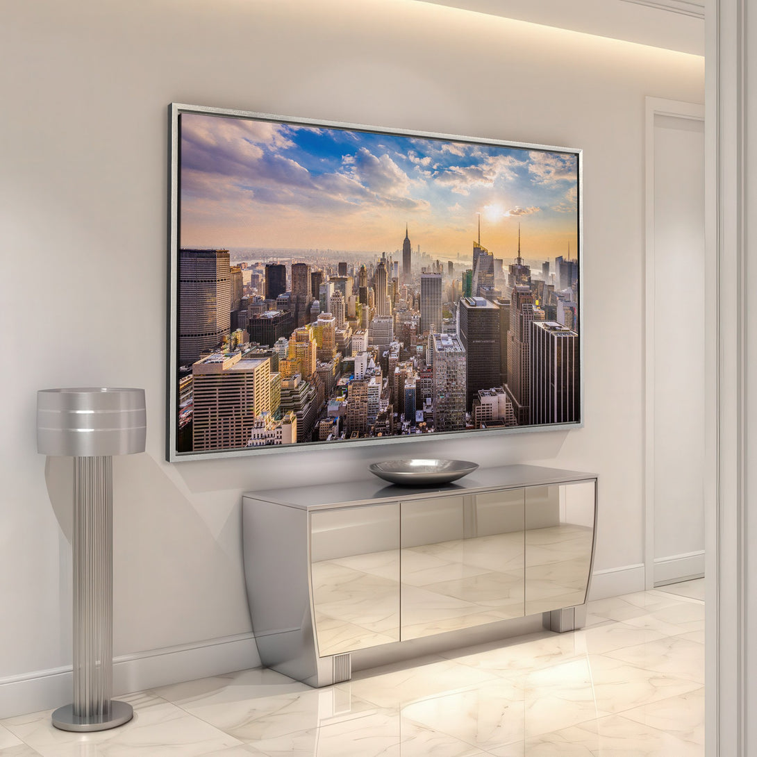 Framed Wall Art: Stunning NYC skyline canvas print with vibrant blues, golds, and cityscapes. Perfect for modern home decor.