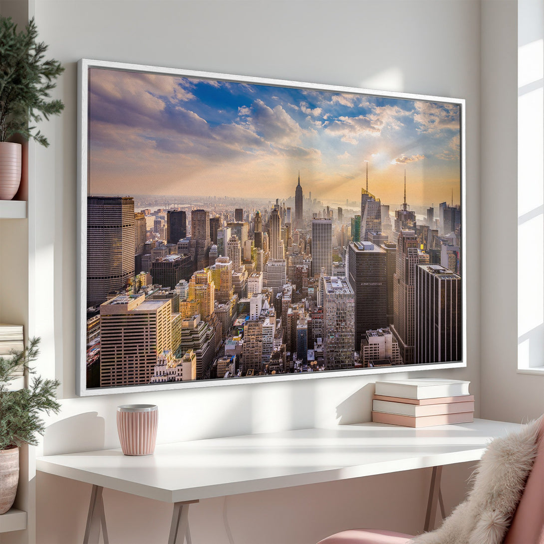 Framed Wall Art: Stunning NYC skyline Canvas Print. Captures the city's energy with warm, golden hues and a dramatic sky. Perfect for modern home decor.