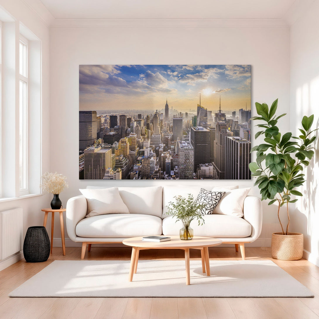 Framed Wall Art featuring a stunning NYC skyline at sunset. Warm, golden hues and a modern style. Elevate your space with this beautiful Canvas Print.