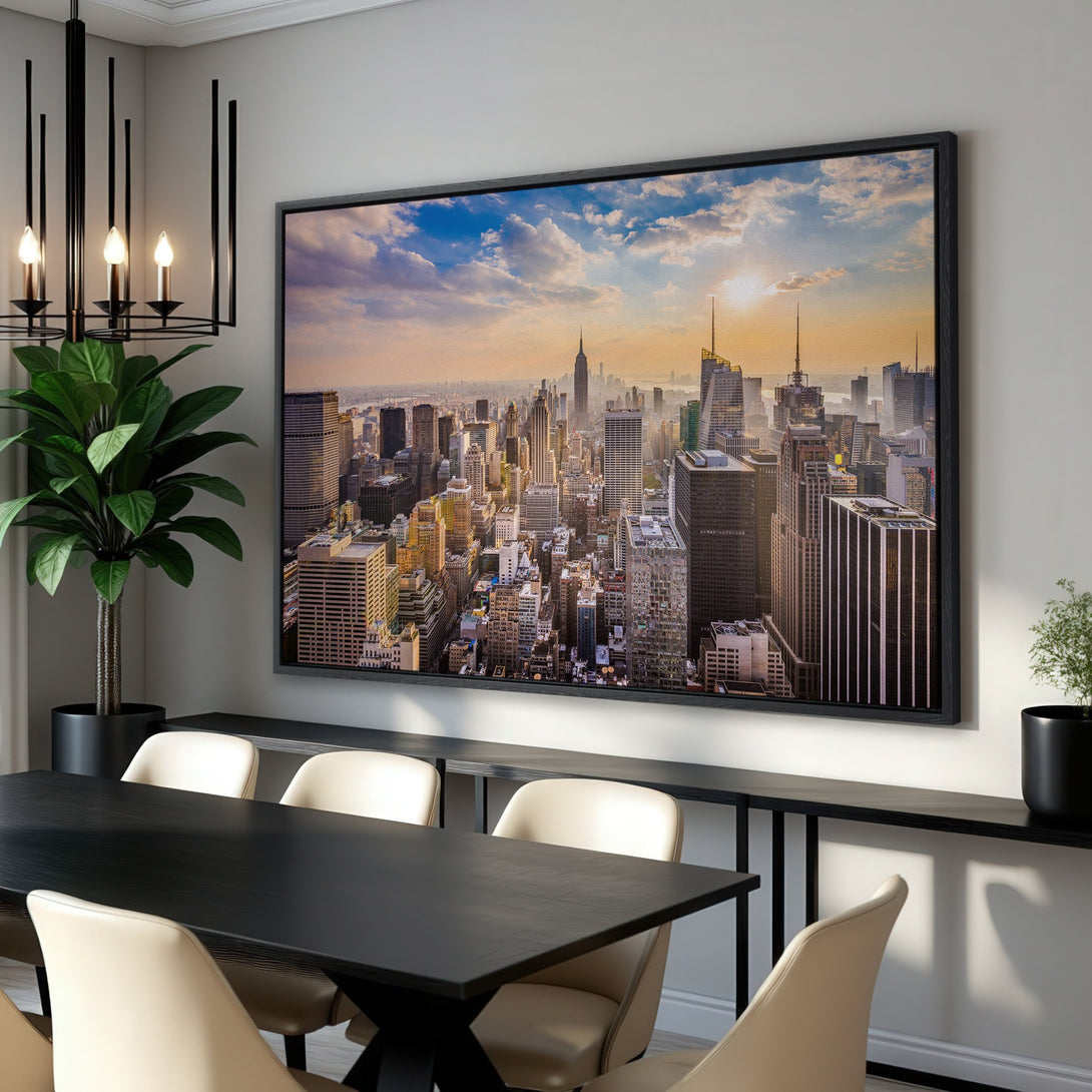 Framed Wall Art of NYC skyline in warm tones. Modern Canvas Print adds a touch of urban elegance to any space. Shop now for stunning cityscapes!