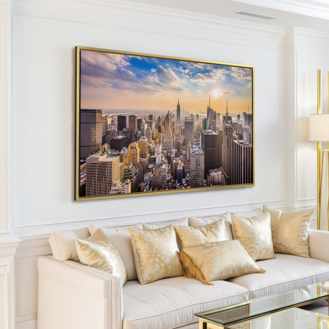 Canvas Print of NYC skyline in a modern interior. Warm, sunset color palette. Elevate your space with this stunning wall art!