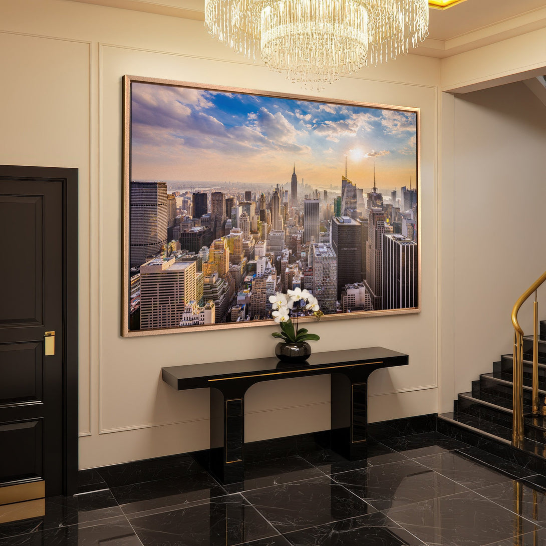Framed Wall Art of NYC skyline in a modern interior. Warm color palette with golden frame. Elevate your space with this stunning canvas print!