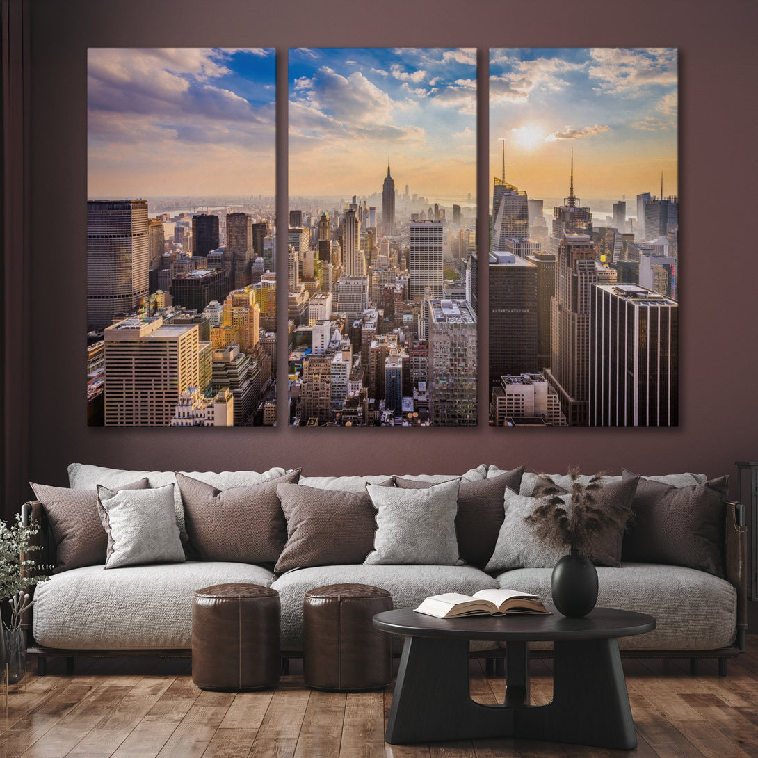 Canvas Print of NYC skyline at sunset. Modern style with warm, golden tones. Perfect wall art for your living room.