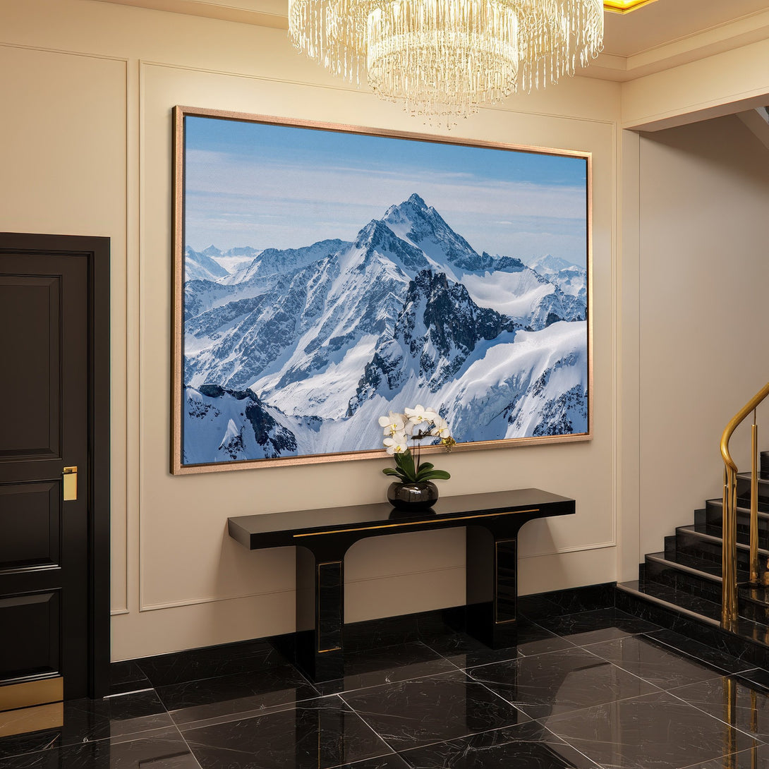 Framed Wall Art: Majestic mountain landscape canvas print. Stunning blue, white, and neutral tones. Elevate your space with breathtaking wall decor.