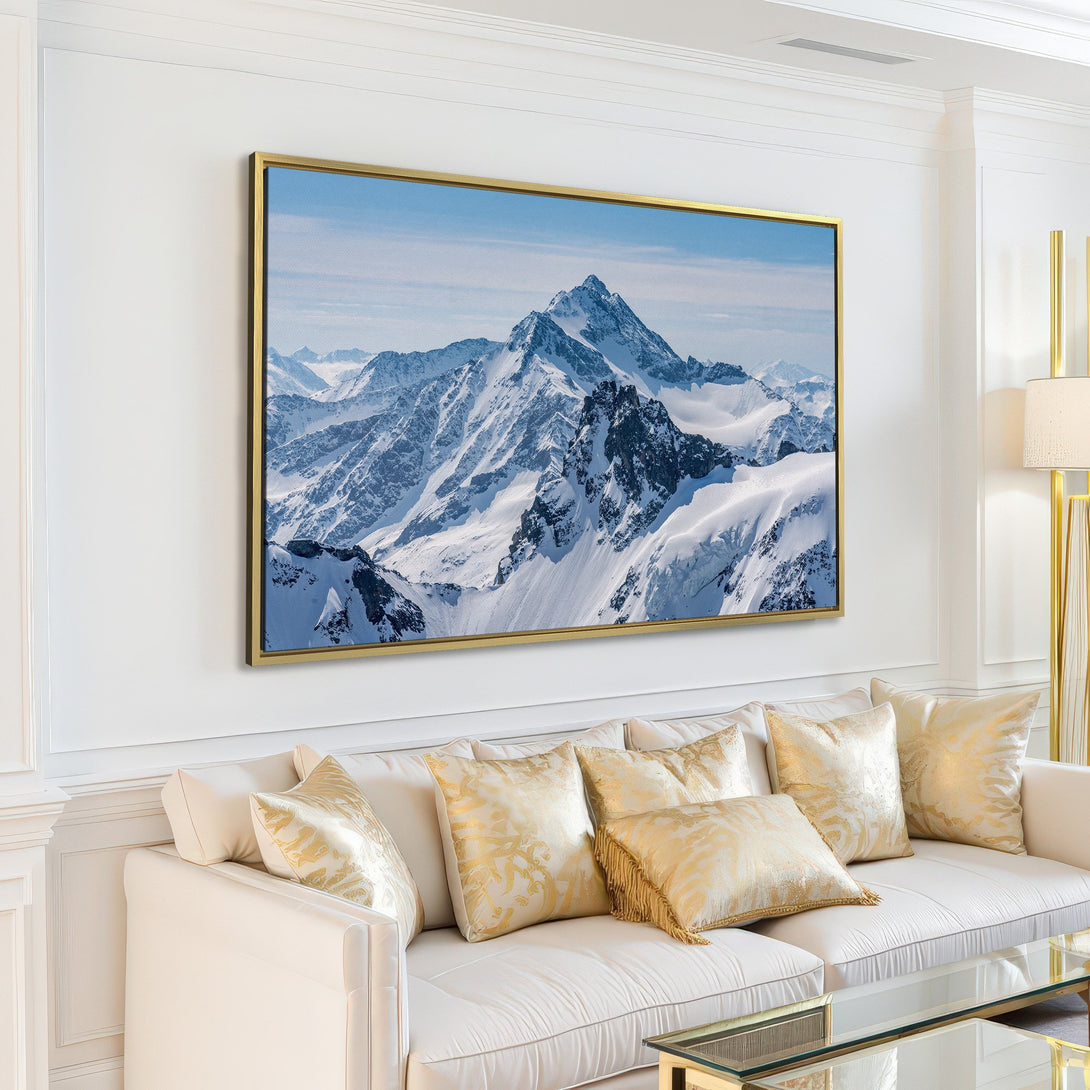Canvas Print of majestic snow-capped mountains, a stunning landscape in cool blue and white tones. Perfect for adding a touch of nature to your home.