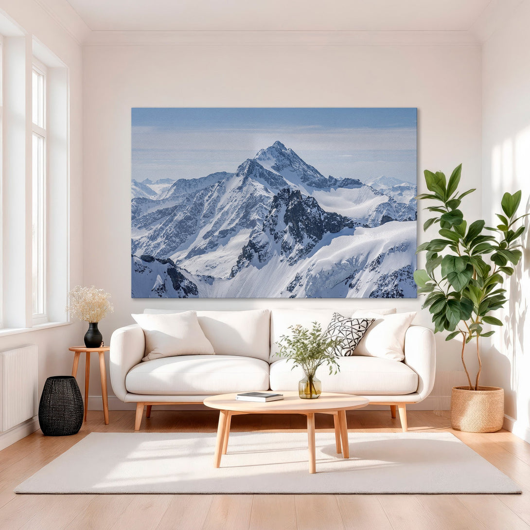 Framed Wall Art featuring a majestic snow-capped mountain range. Stunning landscape art with a cool blue and white color palette, perfect for any home decor.