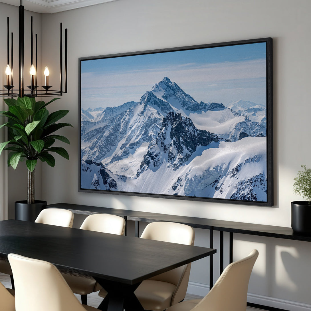 Framed Wall Art: Majestic mountain landscape Canvas Print. Stunning blue, white, and gray color palette. Perfect for modern home decor.
