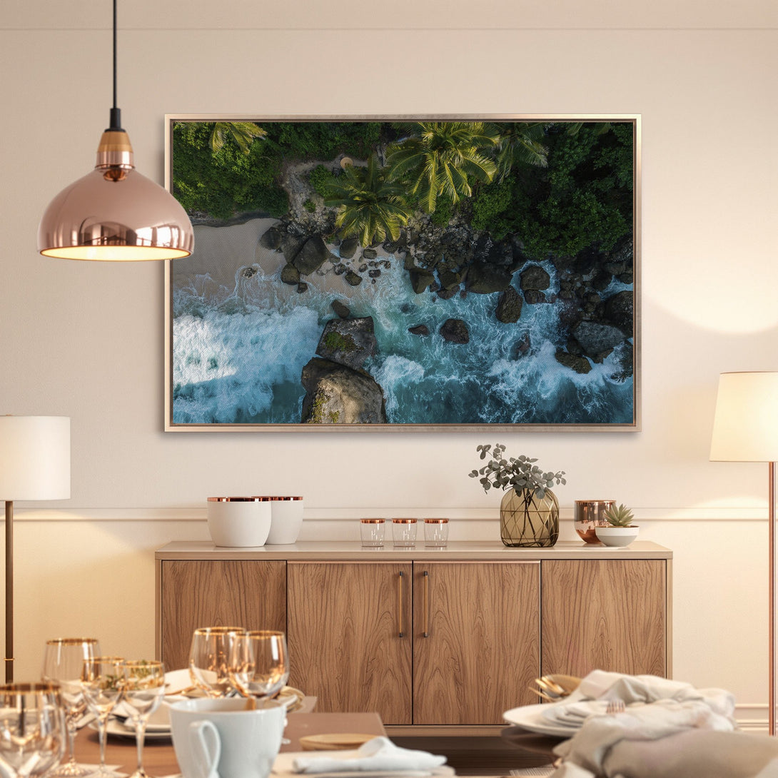 Framed Wall Art: Aerial view of a tropical beach with turquoise waves. Coastal decor in green and blue hues. Perfect for your living room!
