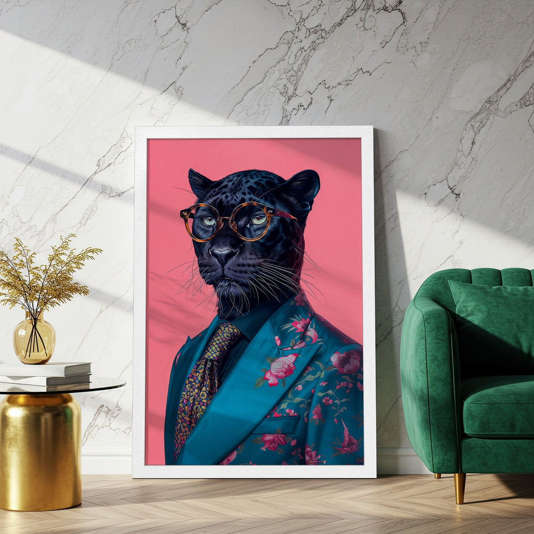 Framed Poster featuring a stylish panther in a floral suit. Modern art with a vibrant teal, pink, and gold color palette. Perfect wall decor!