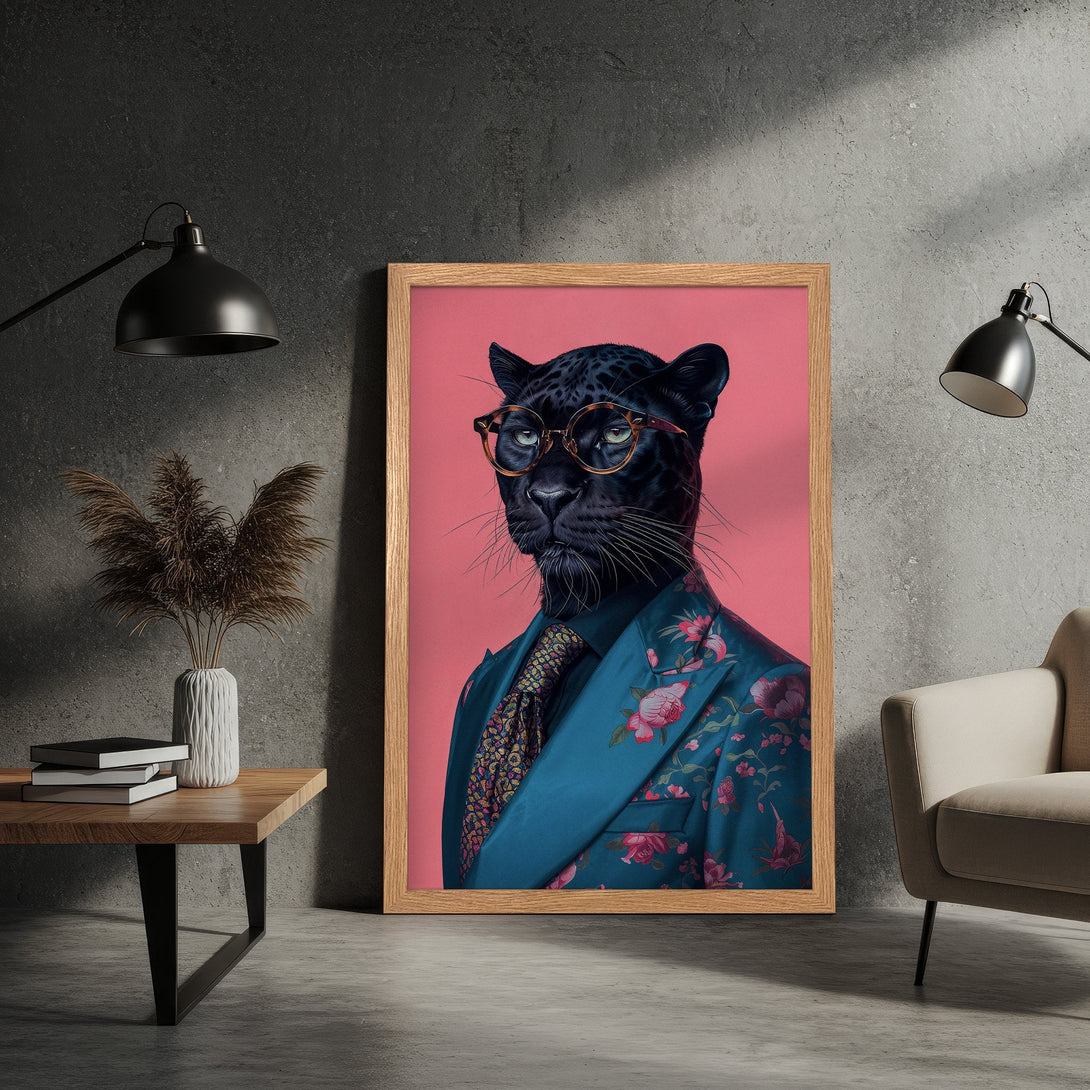 Framed Poster featuring a dapper panther in a floral suit, set against a pink backdrop. Modern style, teal & pink color palette.