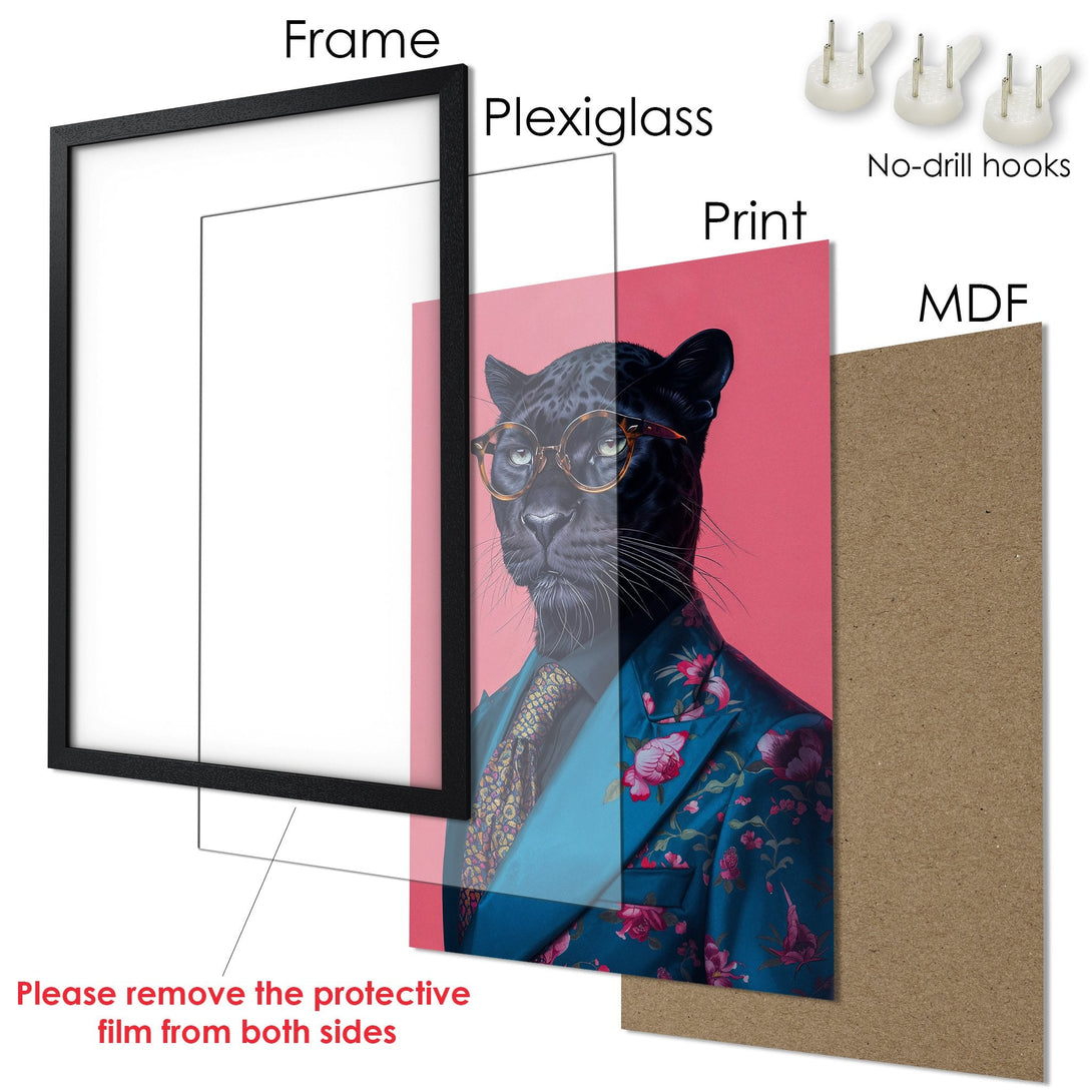 Framed Poster featuring a stylish panther in a suit, with a pink and teal color palette. Add a touch of art to your space!