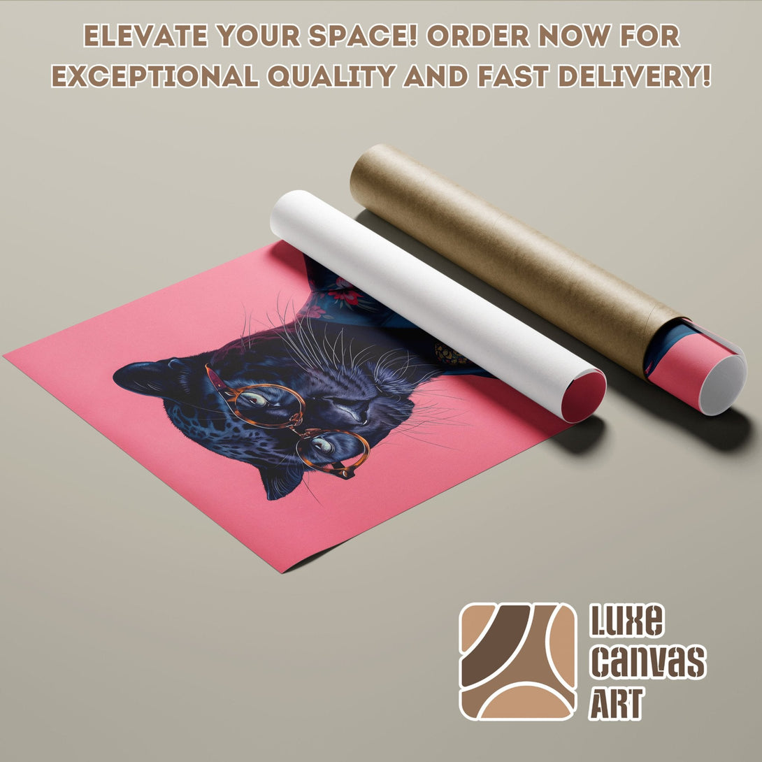 Poster Roll featuring a black panther with glasses, modern art style, pink and neutral color palette.