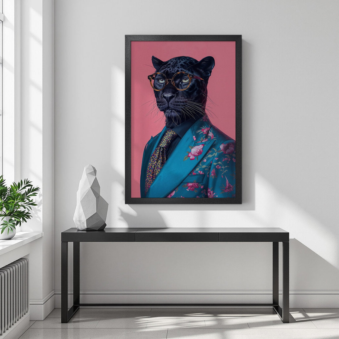 Framed Poster featuring a stylish panther in a suit, vibrant teal and pink color palette, perfect for modern decor.