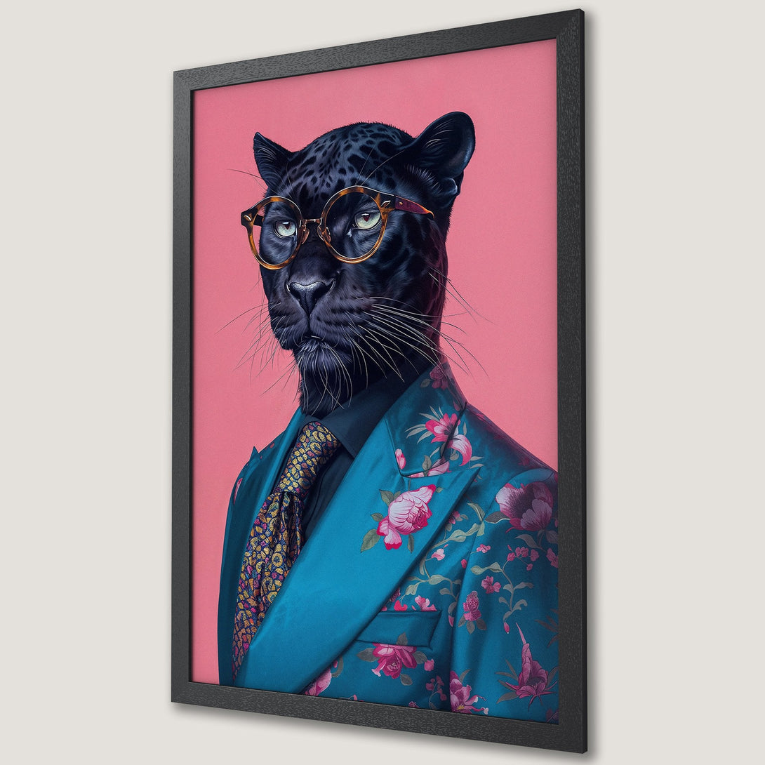 Framed Poster featuring a stylish panther in a suit, vibrant teal & pink color palette, perfect wall art for a modern home.