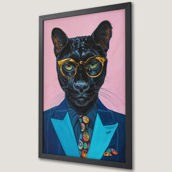 Framed Poster: Dapper panther in suit and glasses, pop art style, pink and blue color palette. Unique wall art for your home.