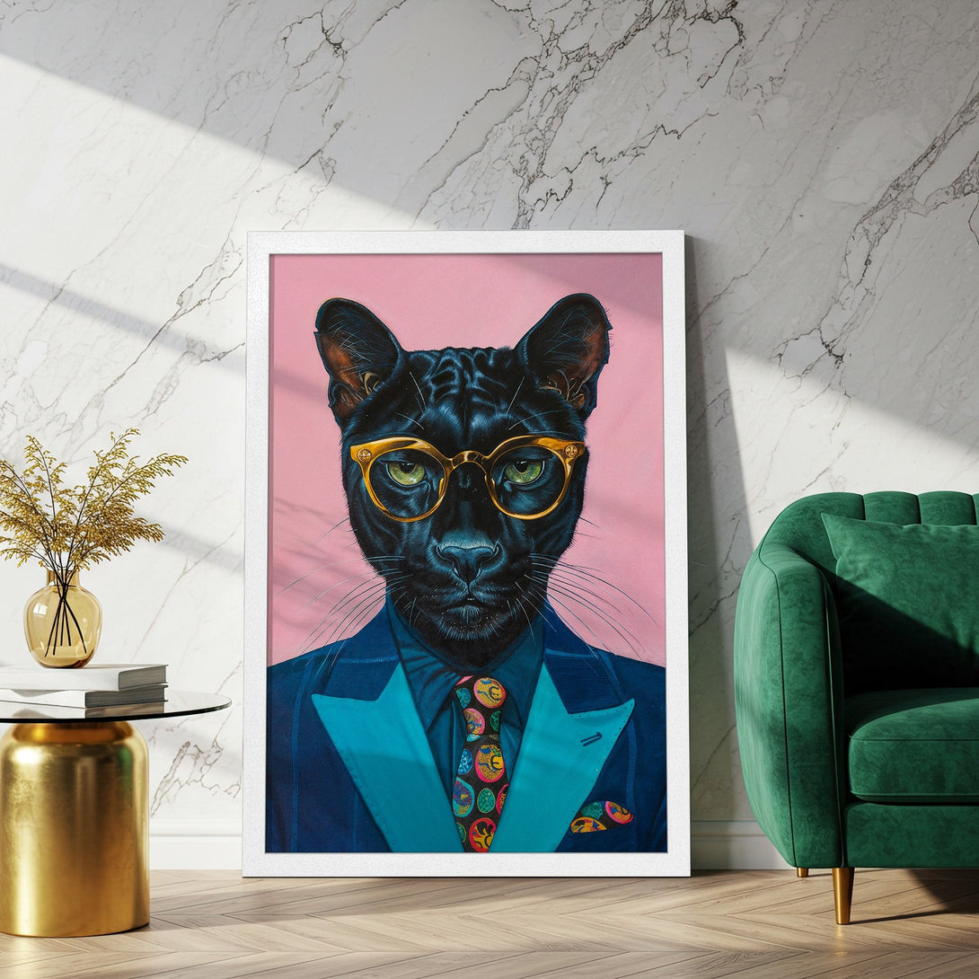 Framed Poster featuring a dapper panther in a suit, vibrant colors. Modern art print with a bold pink, blue, and gold palette.