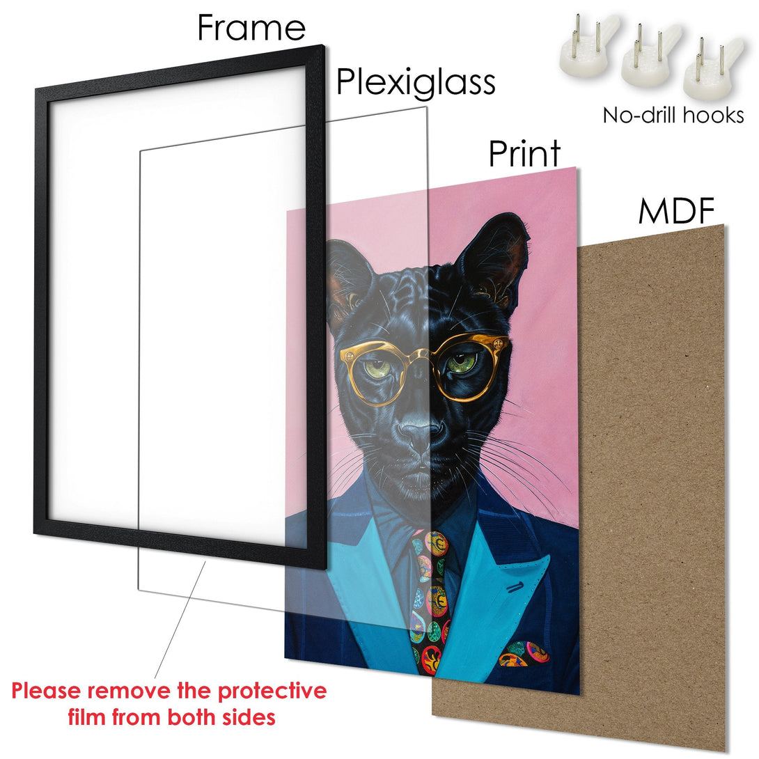 Framed Poster featuring a dapper panther in a suit, vibrant colors, and a modern artistic style. Perfect wall art!