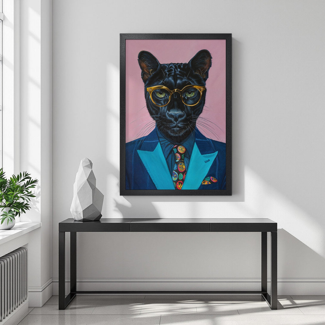 Framed Poster featuring a stylish black panther in a suit, with a pink background. Modern art with a cool, colorful palette.